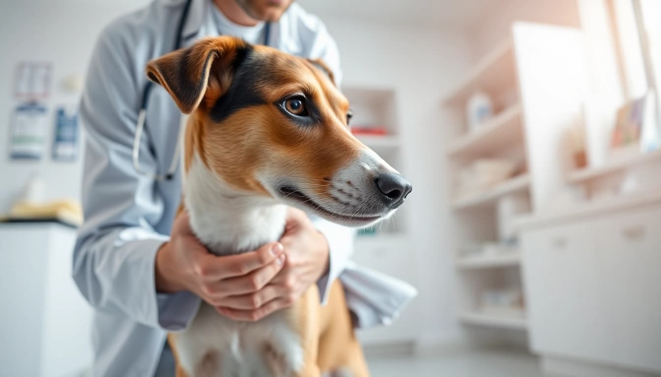 Apply DMSO for dogs by a veterinarian on an injured dog's leg in a vet clinic.