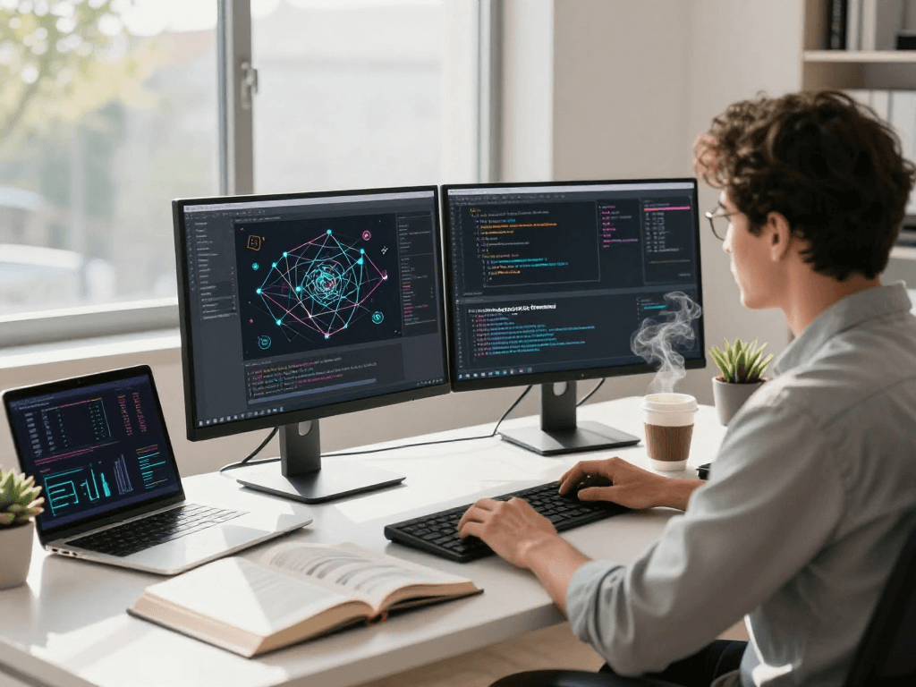 Developer working on blockchain solutions using acrossprotocol in a modern workspace with dual monitors.