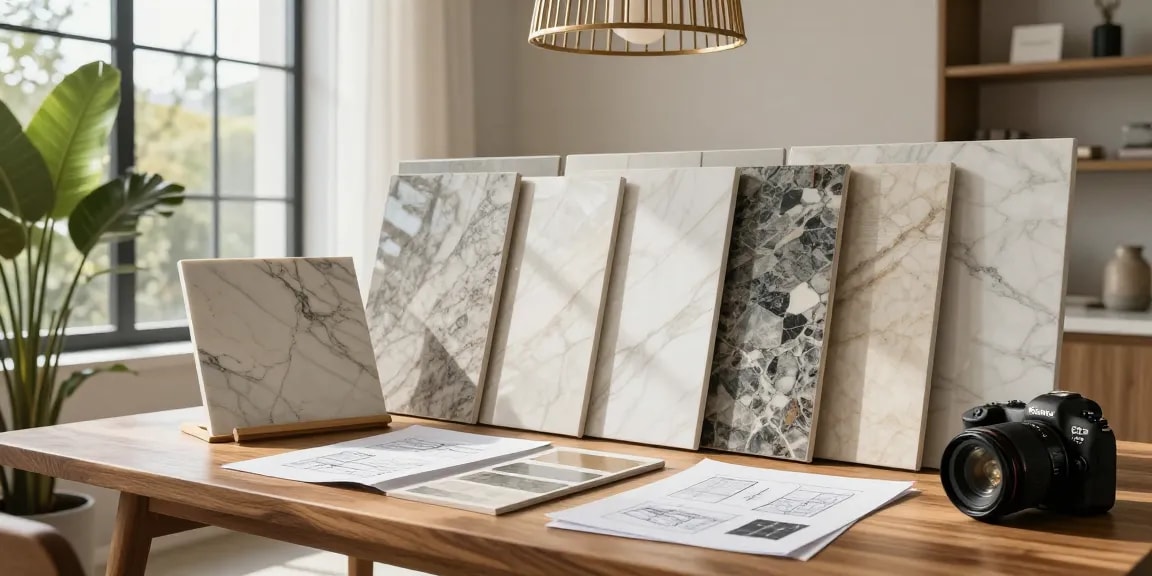 NAGA2000 designer selecting premium flooring materials in a bright interior.