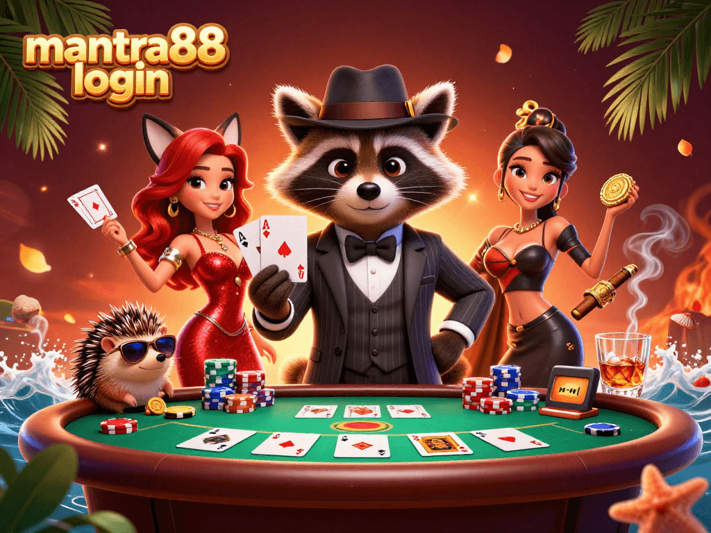 Engaging scene depicting mantra88 login with characters at a poker table showcasing ultimate gaming excitement.