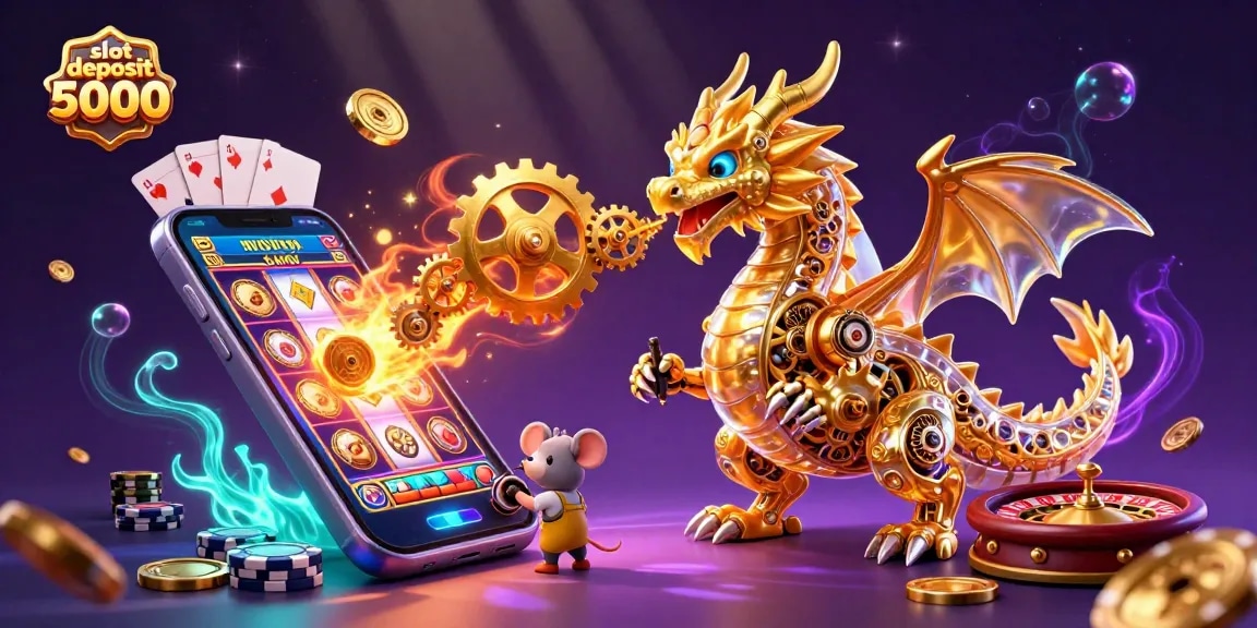 Engage with slot deposit 5000, featuring a dragon and a smartphone promoting vibrant casino elements.
