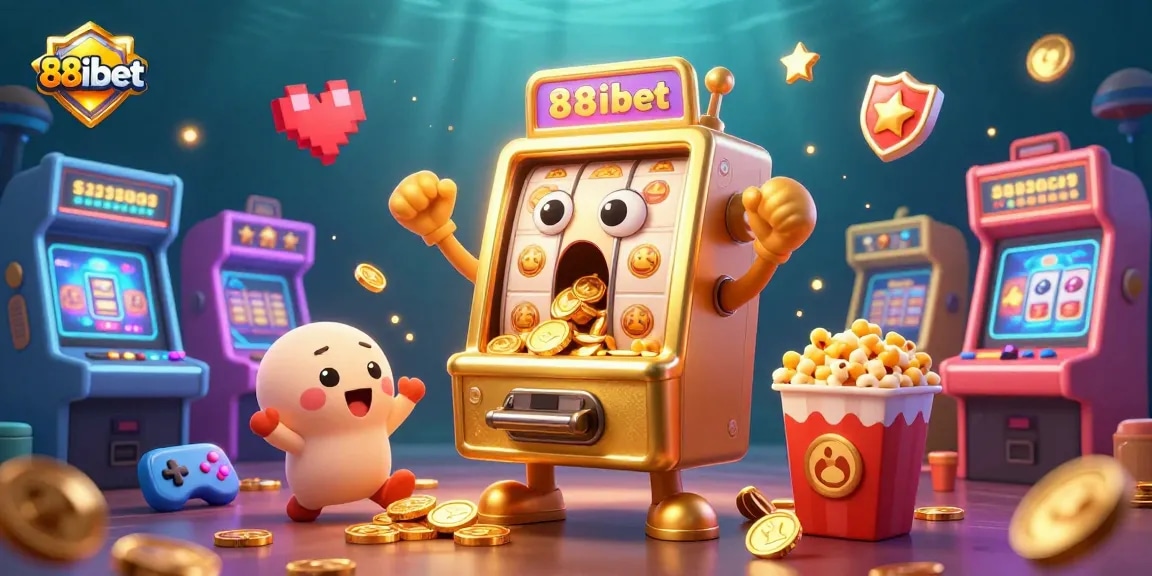 88ibet celebrates with a golden slot machine jackpot surrounded by vibrant arcade elements.