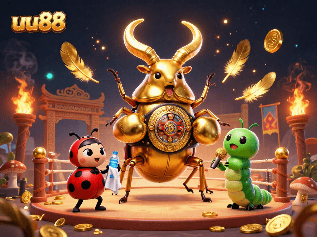 Betting action with a giant golden stag beetle at uu88, showcasing a vibrant gambling arena.