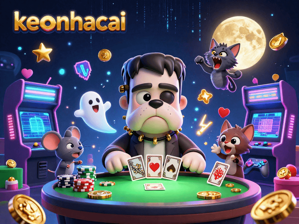 Engage with keonhacai as a cartoon Frankenstein bulldog monster deals cards at a spooky casino table.