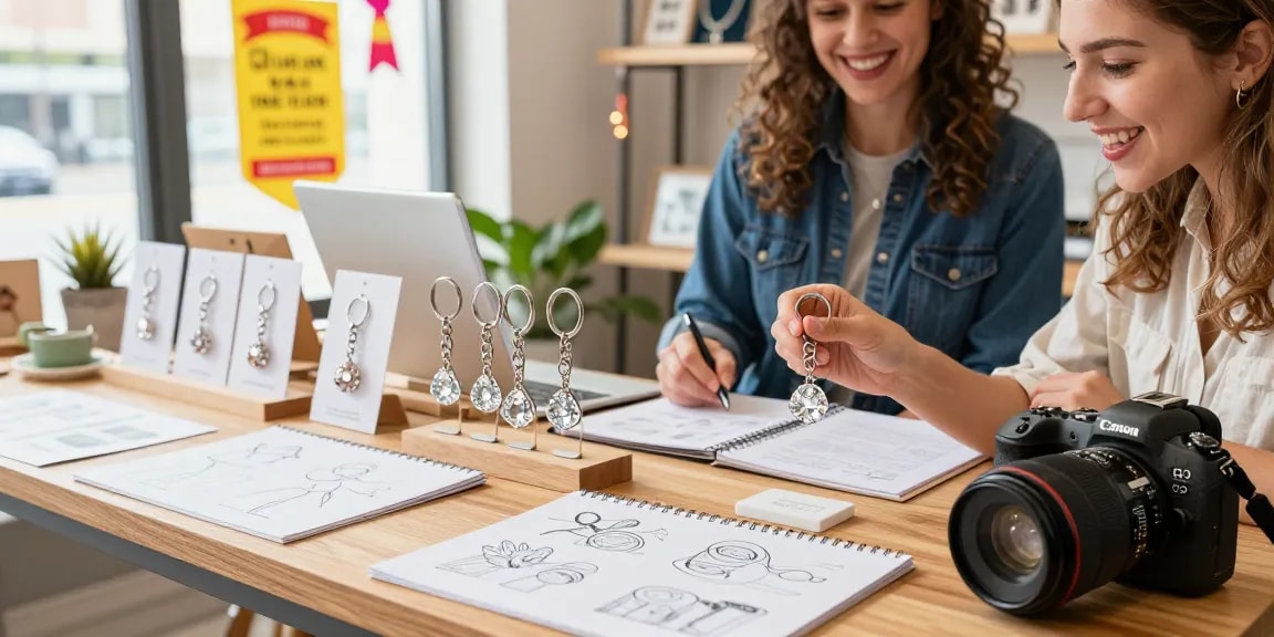 Diamond Keychain selection on display at vibrant custom merchandise shop, inviting shopper exploring unique designs.