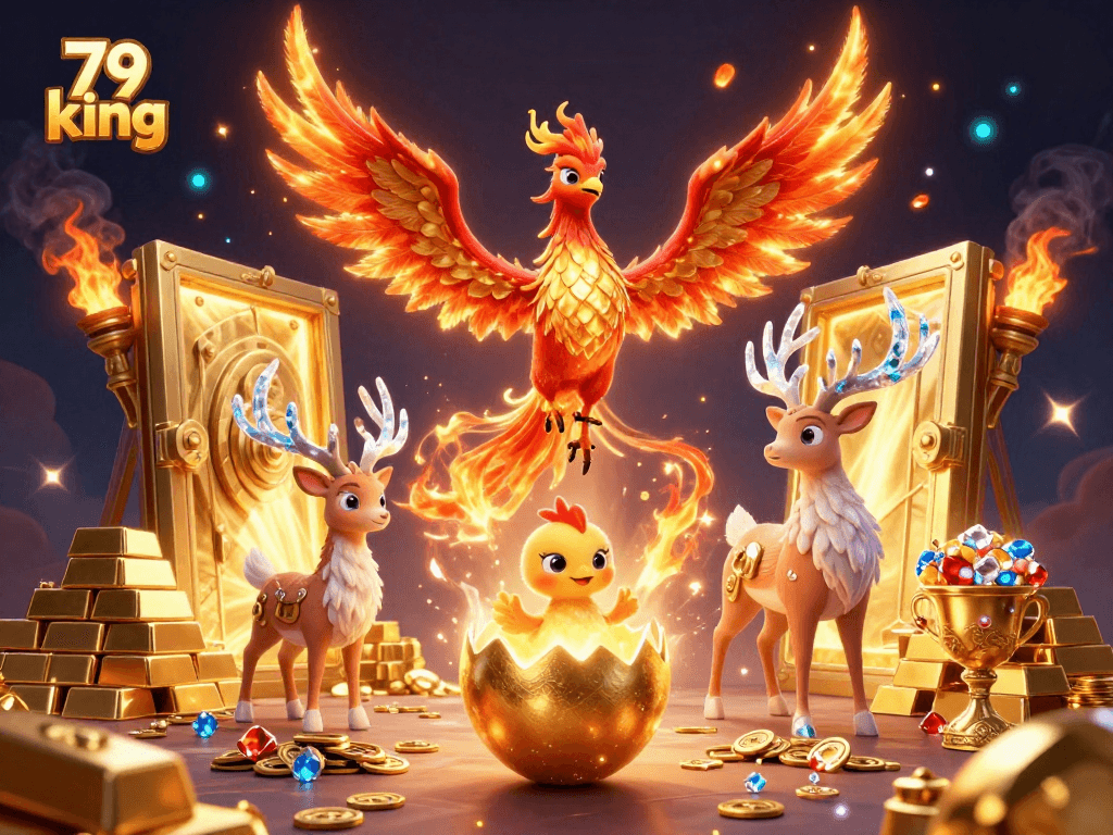 Experience exhilarating gameplay at 79 king with enticing golden treasures and mythical creatures in a vibrant casino scene.