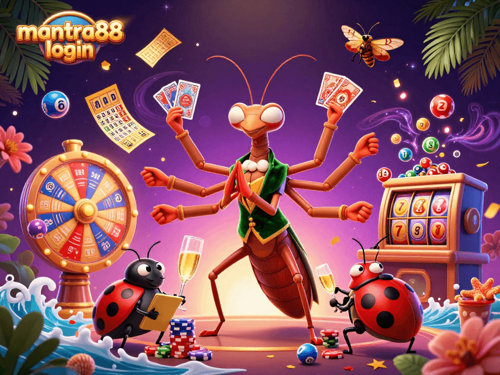 Experience mantra88 login excitement with vibrant 3D casino illustration showcasing games and dynamic action.