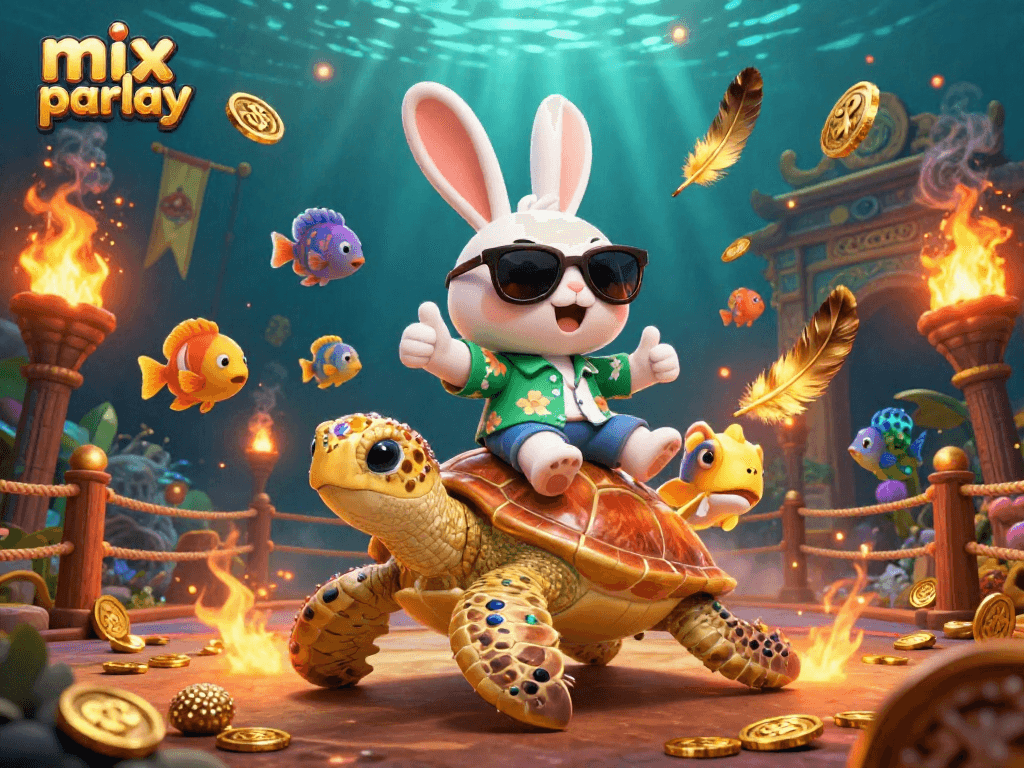 Engage in exciting mix parlay betting with an adorable rabbit and golden turtle in a vibrant underwater scene.