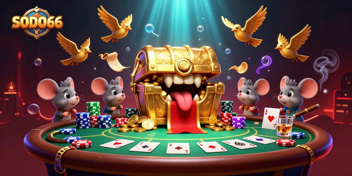 SODO66 showcases an engaging 3D treasure-themed casino scene filled with poker elements and vibrant gameplay.