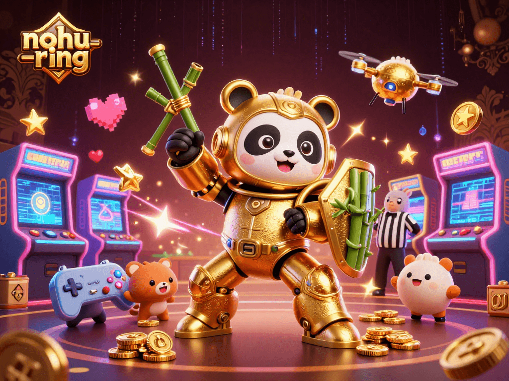 Engage with nohu-ring's captivating jackpot gameplay in a vibrant 3D casino-inspired scene.