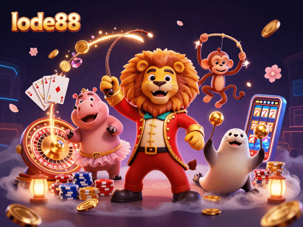 Experience excitement with lode88's lively 3D casino characters amid dynamic gaming elements.