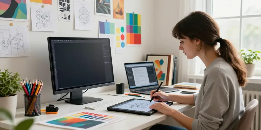 Graphic designer utilizing an AI visual content generator in a vibrant creative workspace.