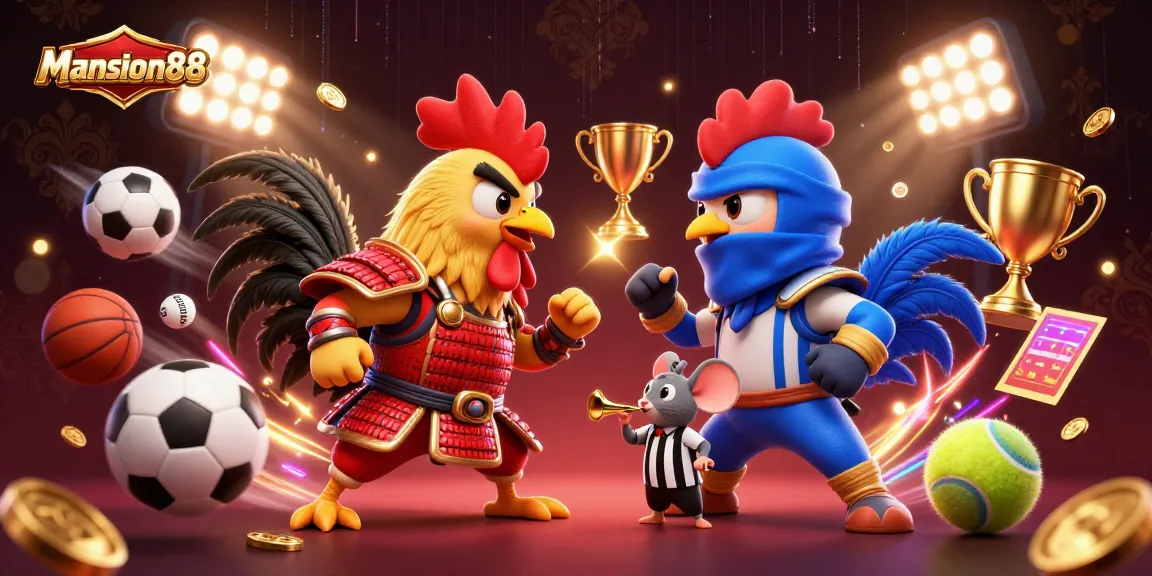 Mansion88 features dynamic betting on rooster fights in a vibrant casino scene.