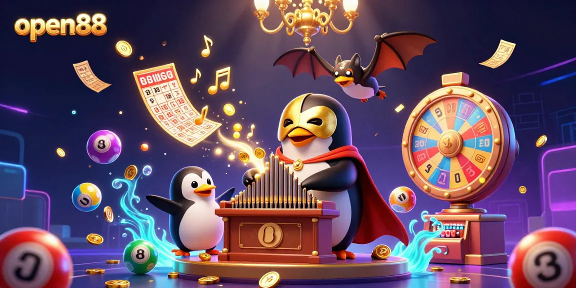 Experience the thrilling excitement of open88 with vibrant cartoon elements and dynamic casino graphics in this 3D illustration.