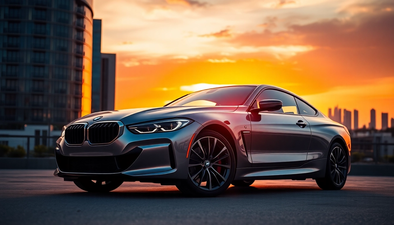 Luxury BMW car displayed against a sunset backdrop highlighting its sleek design and elegance.