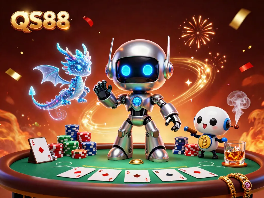 Engage with the QS88 online casino’s vibrant gaming scene featuring a robot mascot and poker elements.