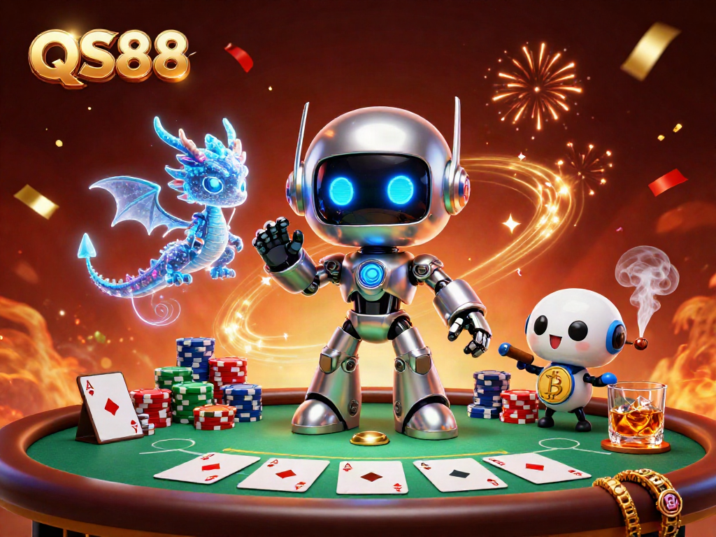 Engage with the QS88 online casino’s vibrant gaming scene featuring a robot mascot and poker elements.
