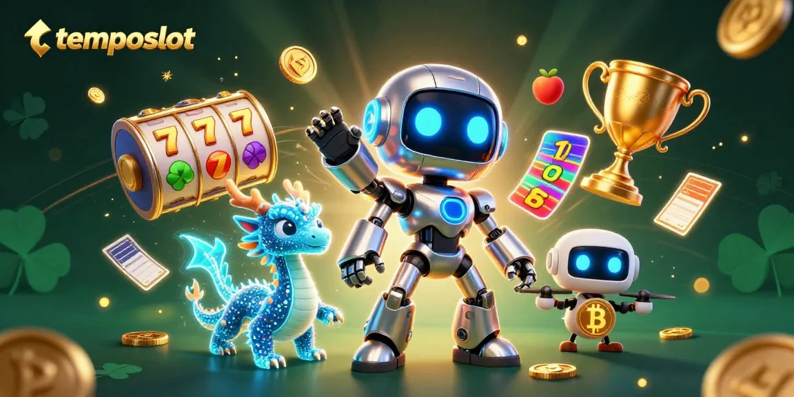 Pemain beraksi di temposlot dengan variasi slot, jackpot, dan simbol keberuntungan mengelilingi karakter 3D futuristik.
