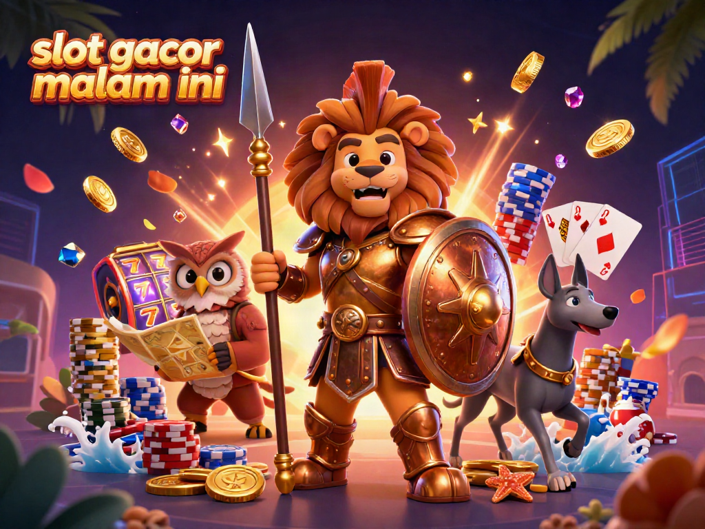 Gambar slot gacor malam ini menampilkan singa spartan, burung hantu, dan greyhound di kasino yang penuh dengan koin emas dan permata.