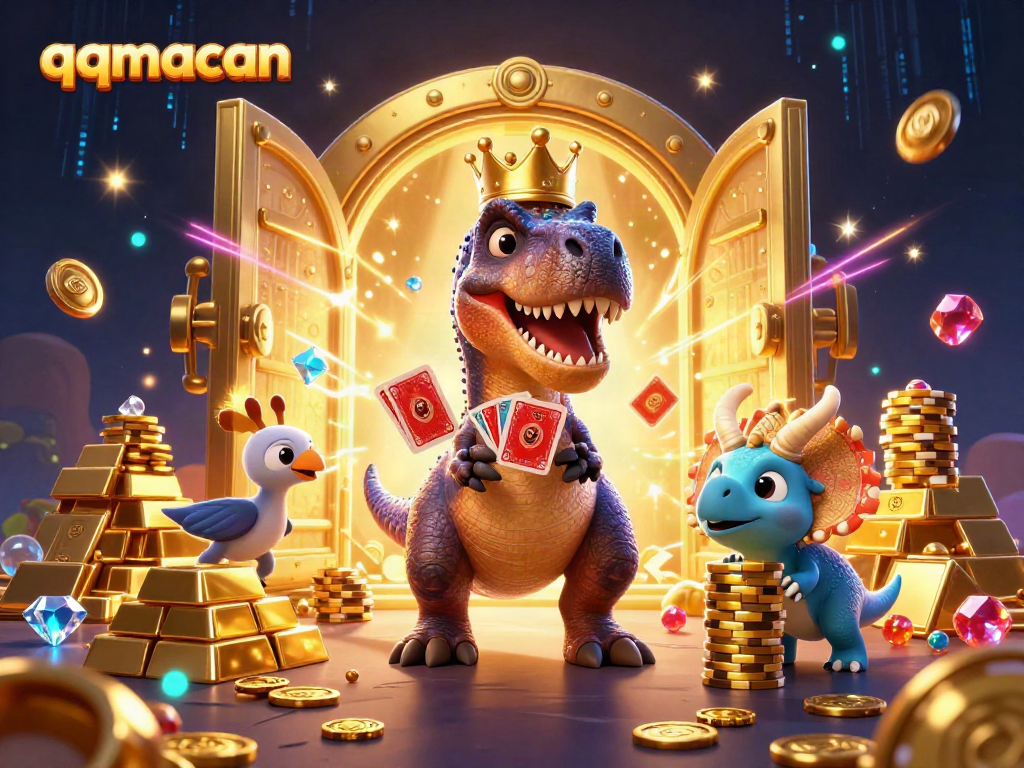 qqmacan showcases a T-Rex and friends enjoying an exciting casino scene with vibrant treasures and cards.