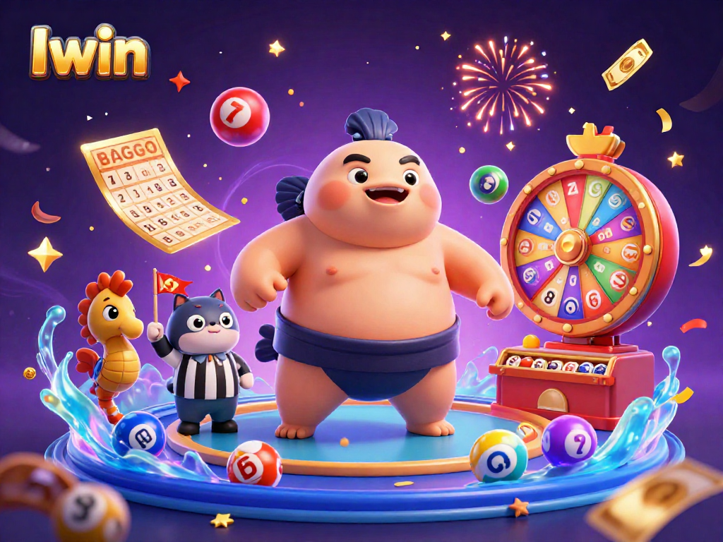 Iwin casino illustration with a puffed-up fugu, catfish referee, and vibrant lottery elements.