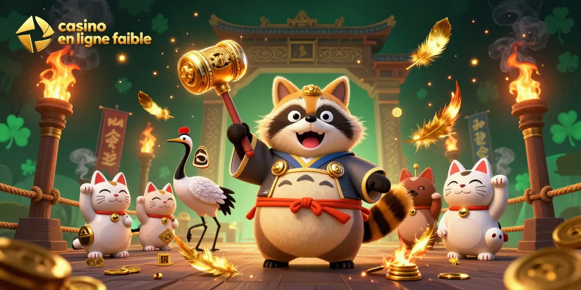 Illustration dynamique de casino en ligne fiable avec tanuki chanceux et symboles de fortune.