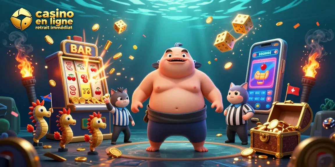 Vivez des gains rapides avec le casino en ligne retrait immédiat, illustré sous l'eau avec un poisson fugu et des machines à sous.