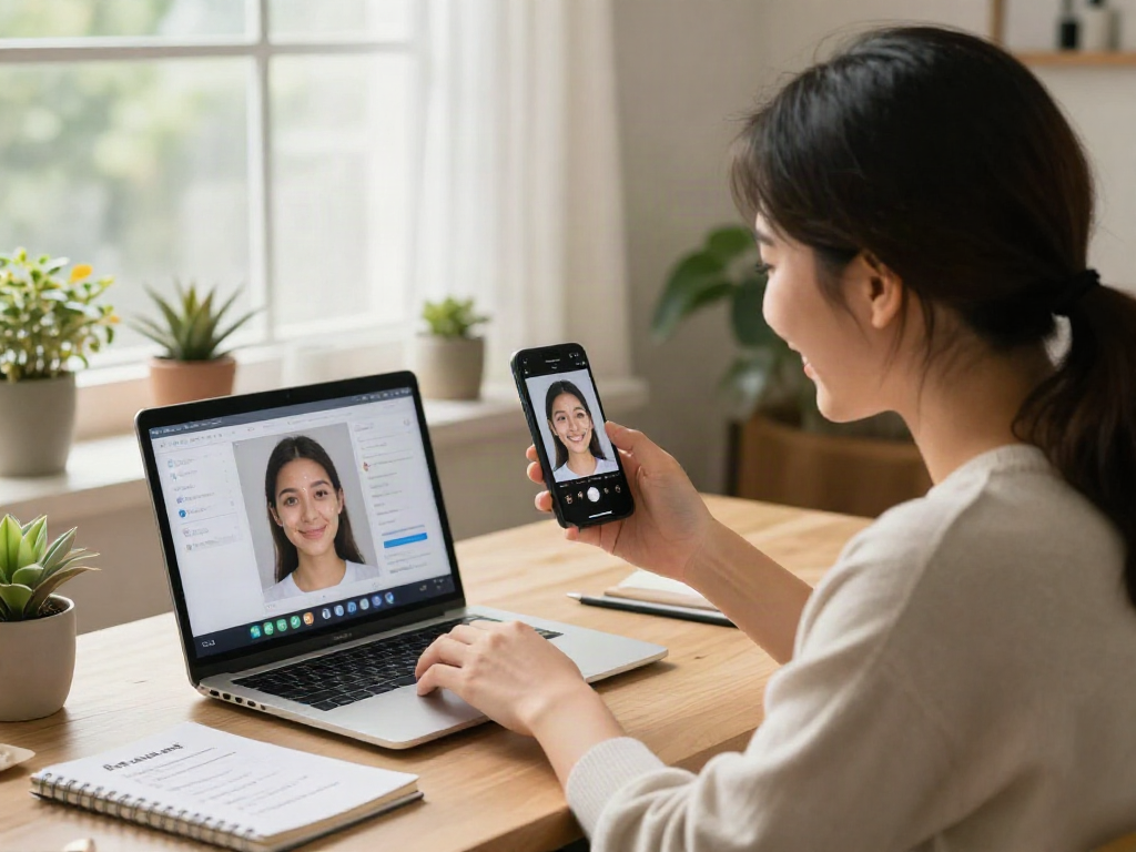 Engaging in an attractive test using AI software, smiling with a smartphone in hand.