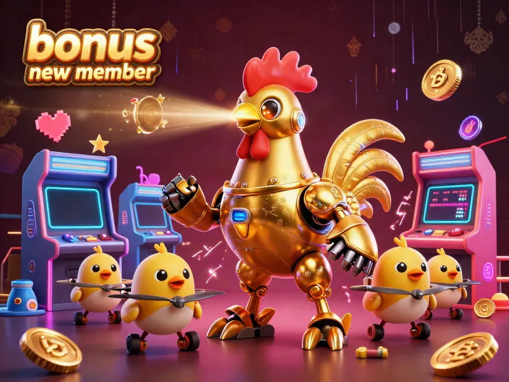 Capture the excitement of a bonus new member offer with a dynamic 3D golden rooster robot surrounded by game elements.