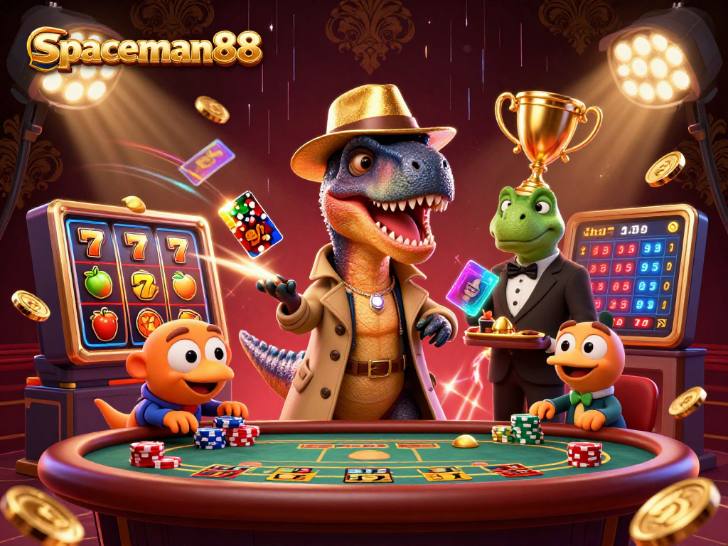Experience thrilling gameplay with spaceman88 at the slots and jackpot tables in this vibrant 3D illustration.