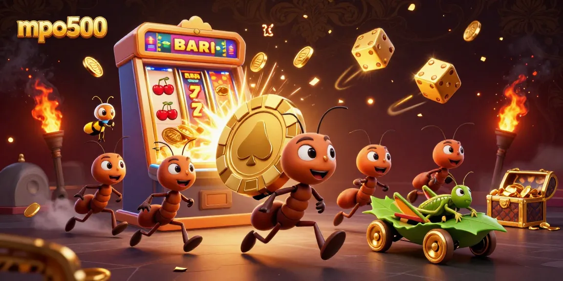 Experience the thrill of mpo500 as a cartoon team of ants orchestrates a heist in a vibrant casino scene.
