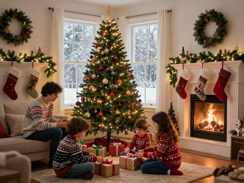 Family enjoying the holiday around a decorated skinny Christmas tree.