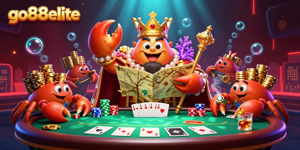 Experience thrilling games with the vibrant scene featuring go88elite's golden crab emperor among poker tables and chips.