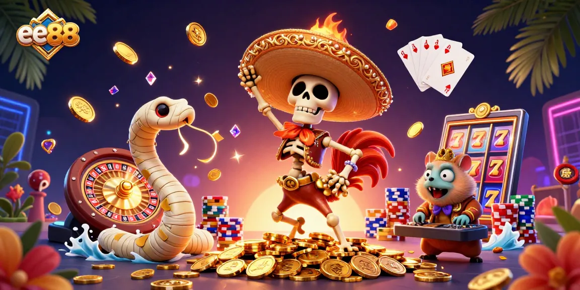 Win with ee88 at a vibrant casino scene featuring a dancing mariachi rooster, golden coins, and festive decorations.