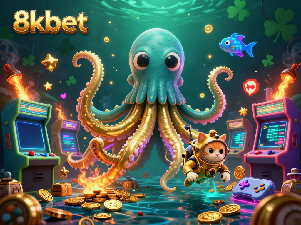 Experience the thrill of 8xbet with a vibrant underwater casino scene featuring a kraken, diving cat, and arcade elements.
