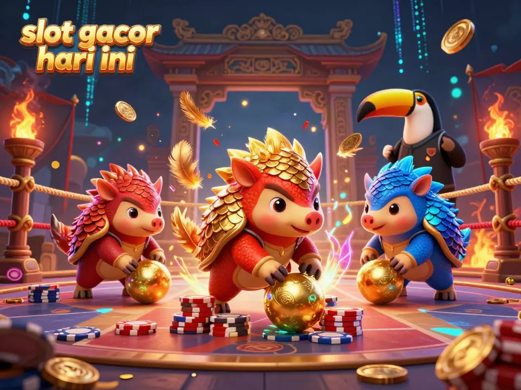 Experience excitement with slot gacor hari ini as pangolins clash, bowling through poker chips in a vibrant scene.