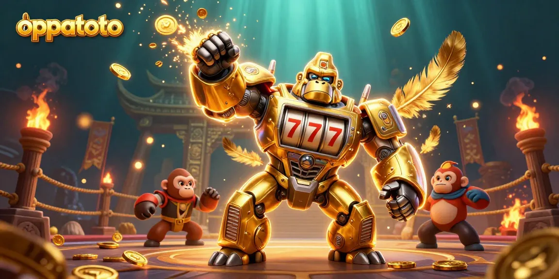 Experience thrilling gameplay with oppatoto featuring a golden gorilla mech and vibrant casino elements.