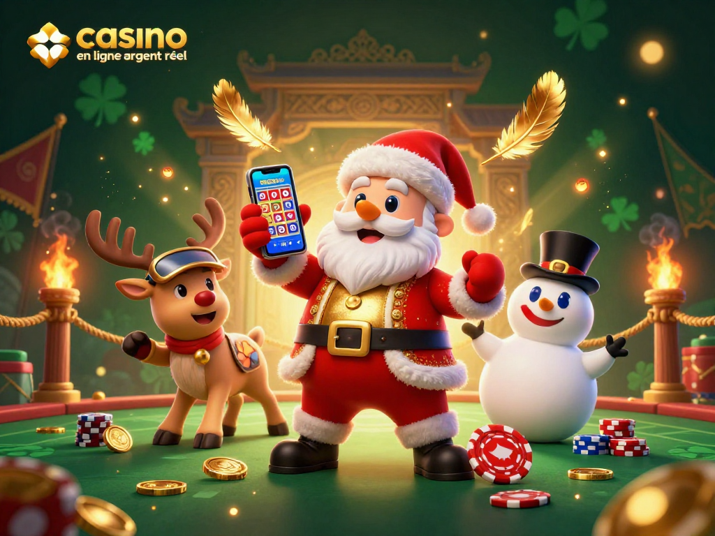 Jouez au casino en ligne argent réel avec un Santa amusant, un renne dealer et un bonhomme de neige en arrière-plan festif.
