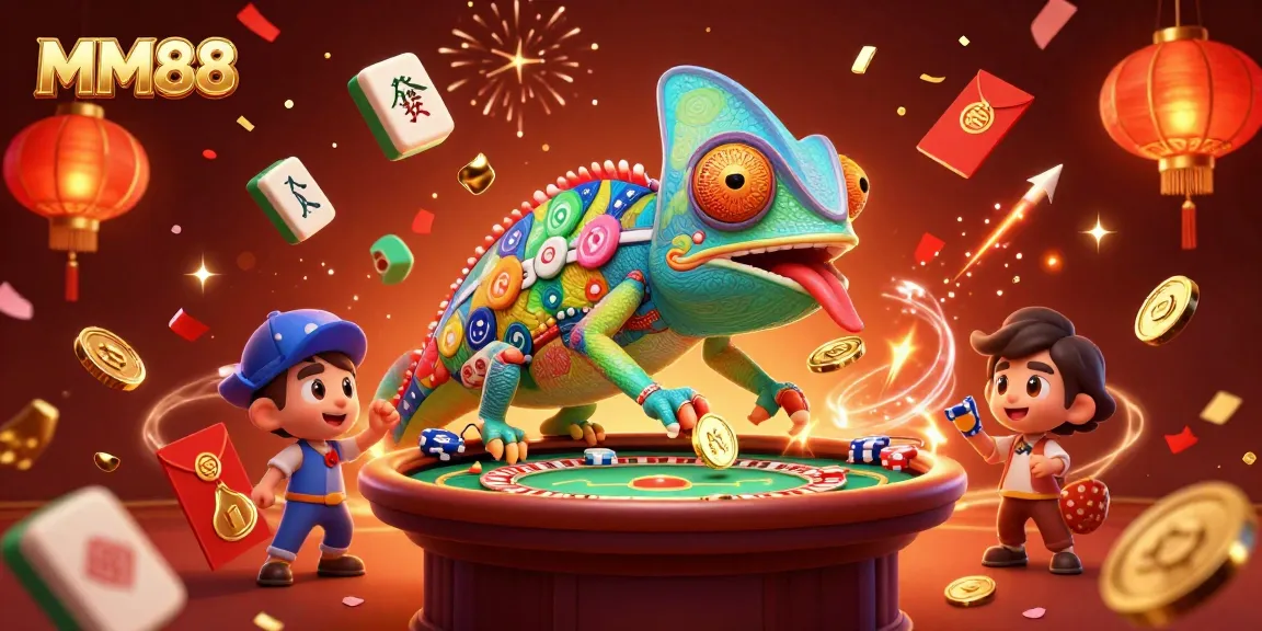 Experience MM88's vibrant casino atmosphere with a colorful chameleon owner amid celebration.