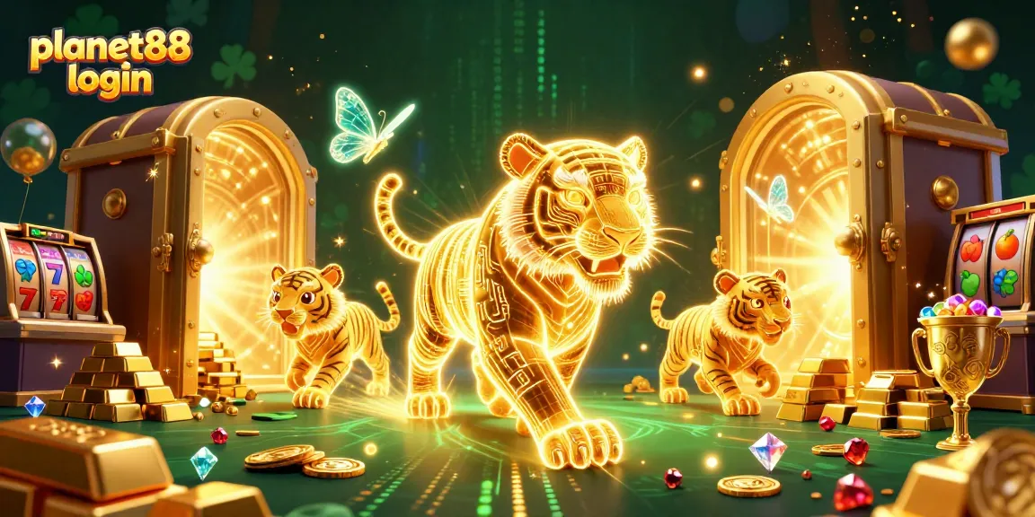 Experience the excitement of planet88 login amidst a dazzling casino environment with golden tigers and treasures.