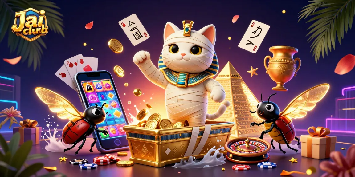 Experience the thrill at Jai club with a captivating 3D casino scene featuring an Egyptian mummy cat.