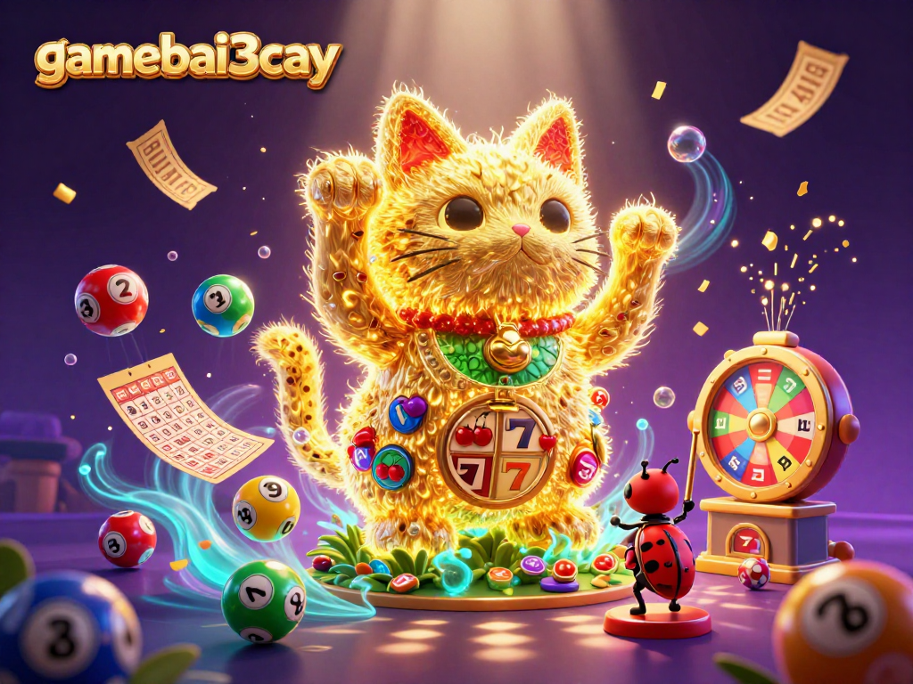 Experience gamebai3cay with a giant lucky cat, vibrant slot symbols, and lottery excitement.