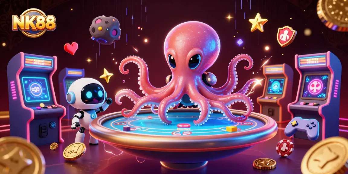 Engage with NK88 and discover a vibrant gaming universe with an alien octopus at a holographic poker table.