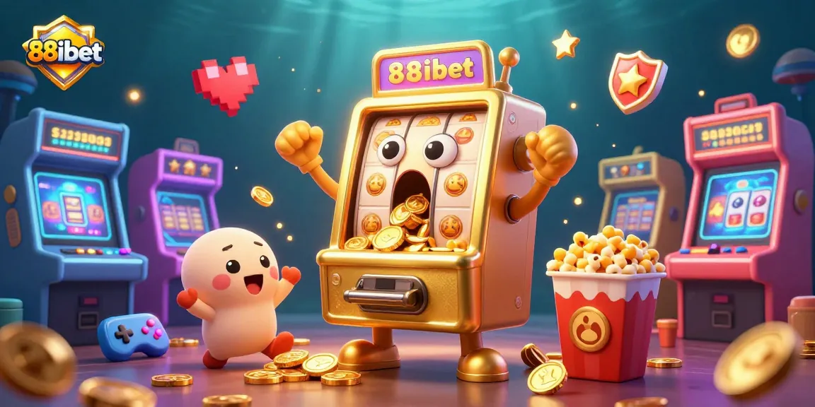 88ibet celebrates with a golden slot machine jackpot surrounded by vibrant arcade elements.