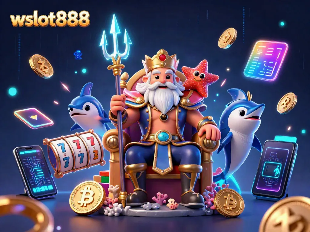Rasakan keseruan wslot888 dengan Raja Laut dan elemen slot dalam ilustrasi 3D yang kaya detail.