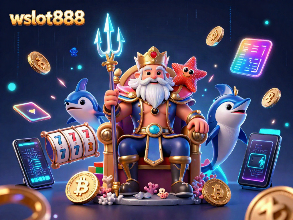 Rasakan keseruan wslot888 dengan Raja Laut dan elemen slot dalam ilustrasi 3D yang kaya detail.