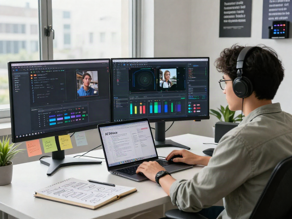 AI Detector workspace showcasing image analysis tools and tech elements in a vibrant office.