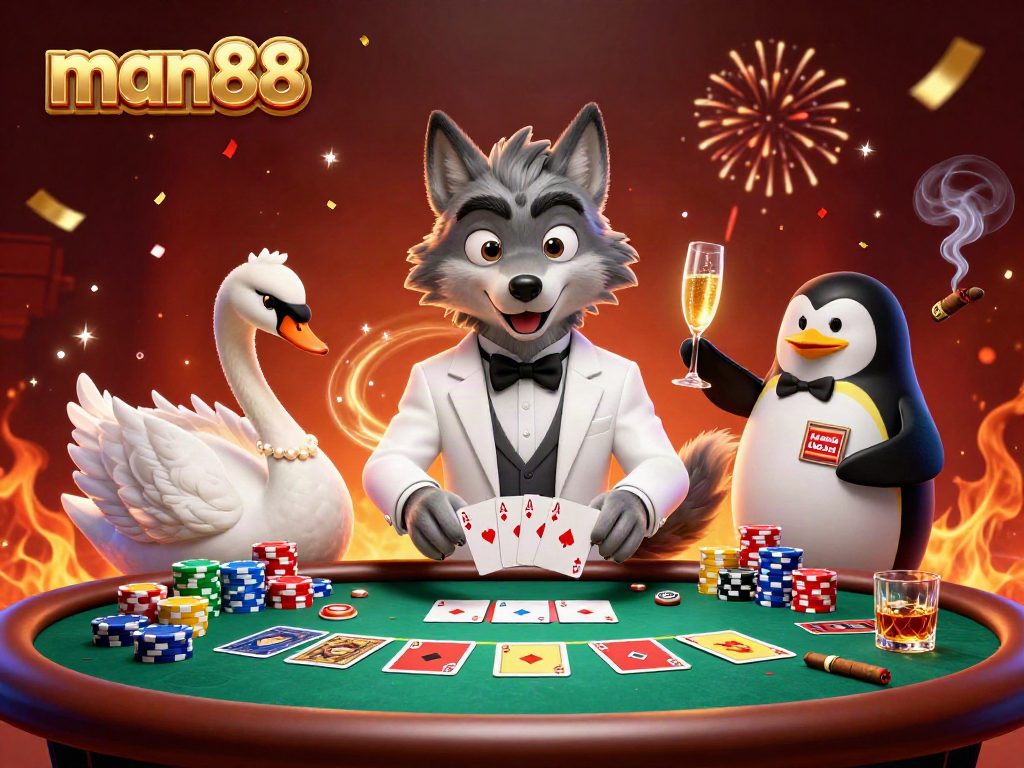 Experience excitement at man88 with a debonair wolf, elegant swan, and sophisticated penguin enjoying table games.