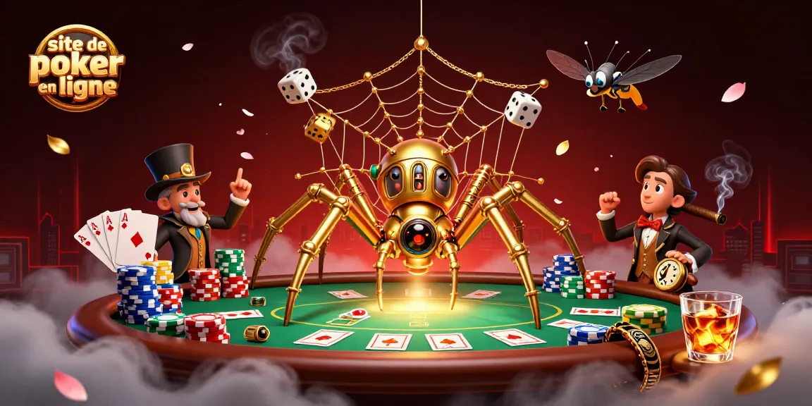 Jouer sur un site de poker en ligne avec une araignée steampunk dorée et des jetons de poker colorés.