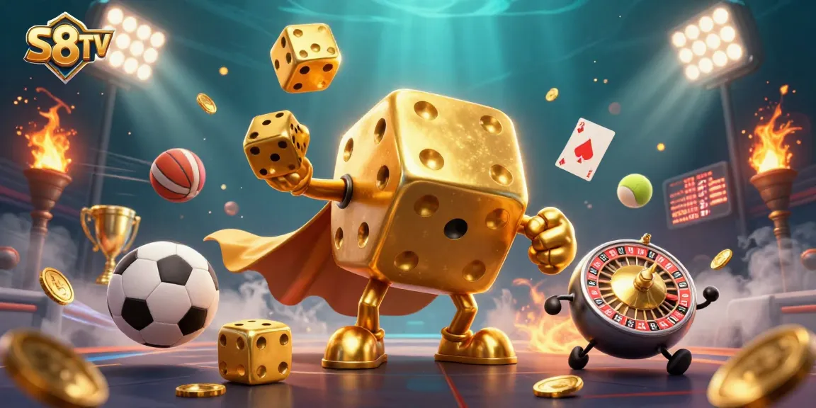 S8TV delivers top sports betting excitement with golden dice, vibrant sports balls, and stunning 3D visuals.